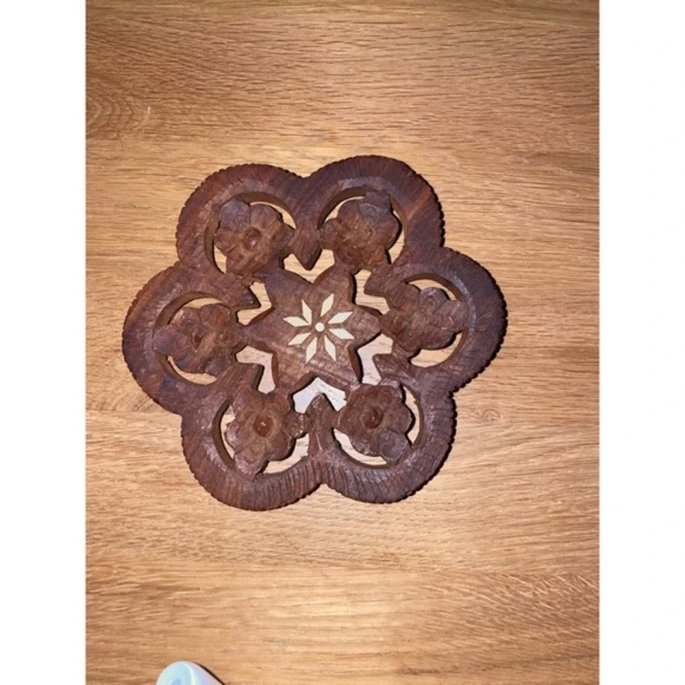 Vintage Hand Carved Wood Trivet Floral Inlay India‎ Boho Kitchen Decor